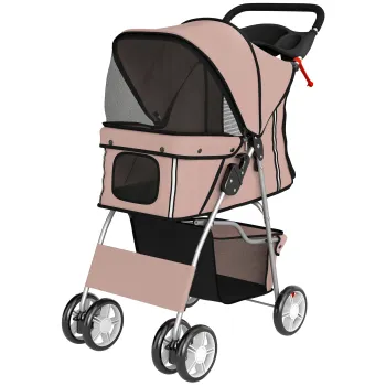 PawHut Carucior pliabil pentru caini, carucior cu dungi reflectorizante, cos de depozitare, perna pentru caini mici pana la 10 kg 77x44x102cm Cafea | Aosom Romania imagine