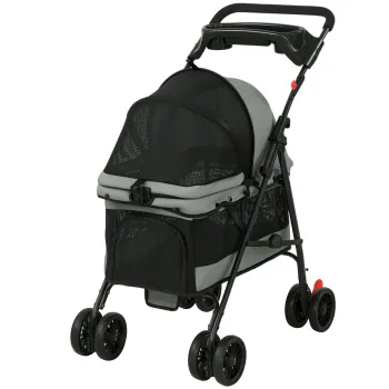 PawHut Carucior pliabil pentru caini cu 4 roti EVA rotative si frana, ferestre din plasa, perna lavabila, suport pentru pahare, gri | Aosom Romania imagine