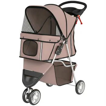PawHut Carucior pliabil pentru caini cu cos de depozitare, perna, ferestre din plasa, suport pentru bauturi, pentru caini mici pana la 10 kg, Cafea | Aosom Romania imagine