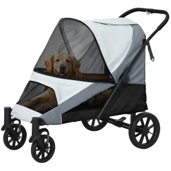 PawHut Carucior Pliabil pentru Caini de Talie Mare cu Roti Detasabile, Perna si Lese de Siguranta, 124x67x100 cm, Gri | Aosom Romania imagine