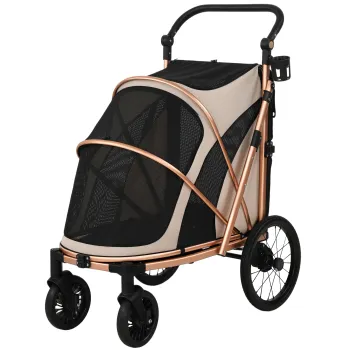 PawHut Carucior pliabil pentru caini pana la 20 kg cu roti mari suspensie si frana ferestre din plasa perna maro deschis | Aosom Romania imagine