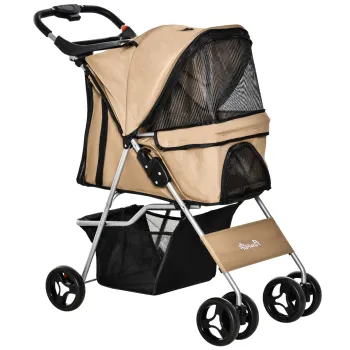 PawHut Carucior Pliant pentru Caini cu Suport pentru Pahare, Cos de Depozitare si 3 Ferestre, 75x46x94 cm, Maro | Aosom Romania imagine