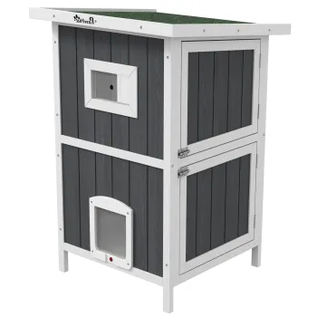 PawHut Casa de Exterior pentru Pisici, Adapost pentru Pisici din Lemn cu 2 Niveluri, Casa pentru Pisici Salbatice cu Baza Detasabila, Usi de Evacuare, Acoperis din Asfalt, pentru 1-2 Pisici - Gri imagine