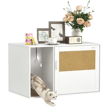 PawHut Casa de toaleta pentru pisici mobilier litiera pentru pisici saltea zgariere usa cu maner stil boem 80 x 50 x 50 cm alb | Aosom Romania imagine