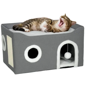 PawHut Casa pliabila pentru pisici cu zgarietor si perna reversibila, 60x40x34 cm, gri | Aosom Romania imagine