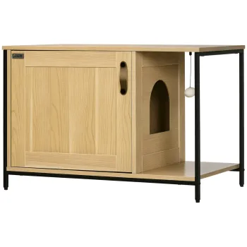 PawHut Casa Toaleta pentru Pisici, cu usa de intrare laterala si minge suspendata, Otel Negru si Lemn, 80 x 48 x 55 cm | Aosom Romania imagine