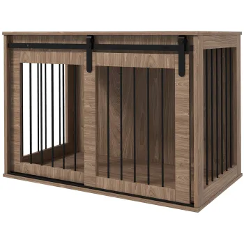 PawHut Casuta Multifunctionala pentru Caini Mari, Culcus pentru Caini cu Usa Culisanta, 98x58x61 cm, Maro | Aosom Romania imagine