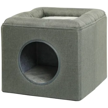 PawHut Casuta pentru Pisici cu 2 Nivele si Perna din Plus, din Lemn, Poliester si Plastic, 36.5x36.5x33 cm, Verde | Aosom Romania imagine