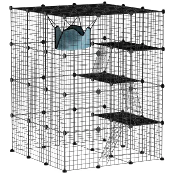 PawHut Casuta pentru Pisici cu 4 Nivele, 3 Platforme de Sarit, Rampe, 5 Usi si Covoare Antiderapante, 105x105x140 cm, Negru | Aosom Romania imagine