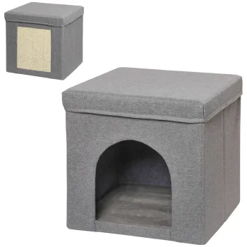 PawHut Casuta Pliabila pentru Pisici in Forma de Cub cu Perna si Tavita de Zgariat, 36.5x36.5x36.5 cm, Gri | Aosom Romania imagine