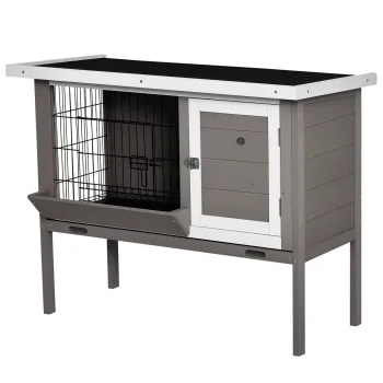 PawHut Clapier din lemn pentru iepure cu acoperis din asfalt furajer tava detasabila si 2 usi 91 x 46 x 71 cm gri | Aosom Romania imagine