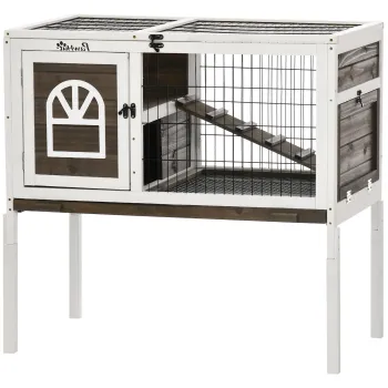 PawHut Clapier pentru iepuri cusca iepuri interior, cu tava detasabila, 2 usi blocabile, scara, 90 x 53 x 87 cm, maro | Aosom Romania imagine