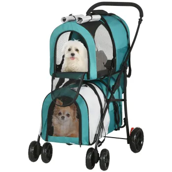 PawHut Cochecito Dublu pentru Caini Pisici Pliabil cu 2 Transportoare Extraibile cu Centura si Perne 66x50x98 cm Verde si Gri | Aosom Romania imagine