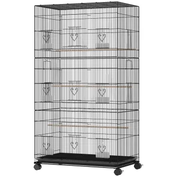 PawHut Colivie Mare pentru Pasari cu Roti 6 Hranitoare Tava Detasabila Usi Multiple 3 Barne 77x46,5x141 cm Negru | Aosom Romania imagine