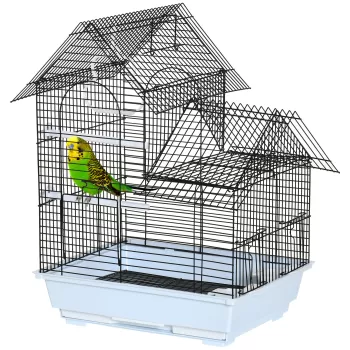 PawHut Colivie metalica cu maner, casa cu tava detasabila, cuiere si leagan din plastic, 39x33x47cm, alb | AOSOM RO imagine