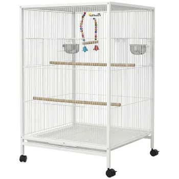 PawHut Colivie pentru Pasari cu Roti cu Hranitoare Perchii Leagan si Tavita Detasabila 48x46x78 cm Alb | Aosom Romania imagine