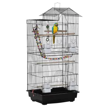 PawHut Colivie pentru Pasari cu Scarita, Leagan, Boluri si Jocuri, Colivie pentru Pasari din Otel, PP si Lemn, 46x36x100 cm, Neagra imagine