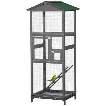 PawHut Colivie pentru Pasari din Lemn si Plasa Metalica cu 2 Usi si Tava Detasabila, 68x63x165 cm, Gri Deschis | Aosom Romania imagine