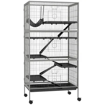 PawHut Colivie pentru Rozatoare cu 4 Intrari Multi-Nivel cu Hamac, Cusca Metalica & PP, 80x52x159 cm, Argintiu si Negru imagine