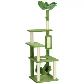 PawHut Copac de 142cm pentru Pisici cu Hamac, Turn pentru Pisici cu Stalp de Scarpinat, Platforme, Minge de Joaca si Dispozitiv Anti-rasturnare, pentru Pisici de Interior, Verde imagine