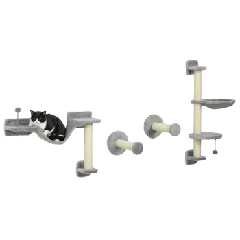 PawHut Copac de pisici complet pe perete cu 4 piese hamac, panglica, platforma de sarit, stalp din sisal si scara plus gri | Aosom Romania imagine