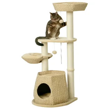 PawHut Copac de pisici cu elemente de escaladare si zgariat inaltime 119 cm coloane consolidate cu cutie hamac 2 bile suspendate | Aosom Romania imagine