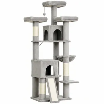PawHut Copac de zgariat mare 184 cm inaltime pentru pisici cu 3 stalpi de zgariere, locuri de odihna, minge de joaca, hamac, scara, pentru pisici sub 6 kg | Aosom Romania imagine