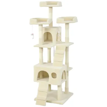 PawHut Copac de zgariat pentru pisici Copac pentru pisici 153 cm cu 2 casute 3 paturi 2 rampe Stalpi din sisal Soricei suspendati Crema | Aosom Romania imagine
