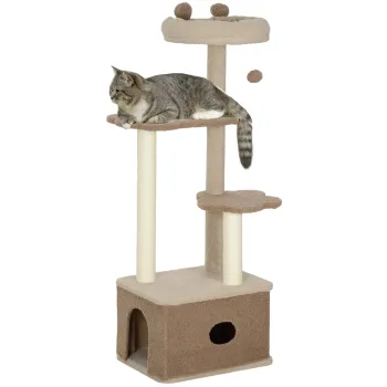 PawHut Copac de Zgariat pentru Pisici cu Pat, Casuta si Platforme de Sarit, 48x40x133 cm, Maro | Aosom Romania imagine