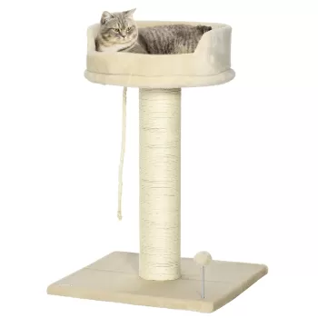 PawHut Copac de Zgariat pentru Pisici cu Patut, Minge si Sfoara pentru Joaca, Imbracat in Plus si Stalp din Sisal, 55x55x83cm, Beige imagine