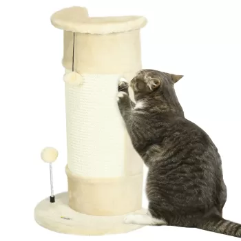 PawHut Copac de Zgariat pentru Pisici de Pana la 5kg cu 2 Mingi, Covoras din Sisal si Tapiterie din Plus, 34x25.5x58cm, Bej imagine