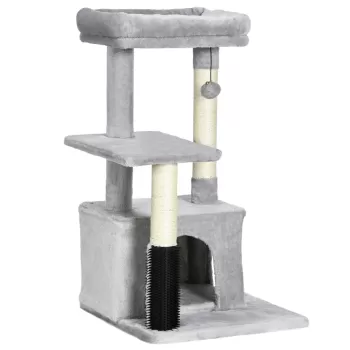 PawHut Copac de Zgariat pentru Pisici pe Mai Multe Niveluri cu Stalp din Sisal, Patut si Casuta, Tapiterie din Plus, Gri imagine