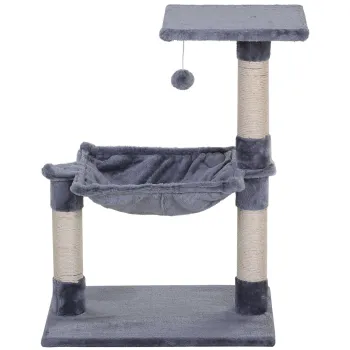 PawHut Copac de Zgariere pentru Pisici cu Mai Multe Niveluri, Jucarie pentru Pisici cu Hamac si Minge Atarnata din Lemn si Plus, 50x36x70cm, Gri imagine