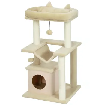 PawHut copac pentru pisici, copac de zgariat cu jucarie, bara de odihna, hamac, 48 x 48 x 90 cm, crem | Aosom Romania imagine