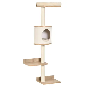 PawHut Copac pentru Pisici de Perete 38x30x149 cm cu Multiple Platforme din Lemn Vizuini Pat Superior Perna Detasabila Stalpi Zgarietoare din Sisal Turn de Catarat Bej si Stejar | Aosom Romania imagine