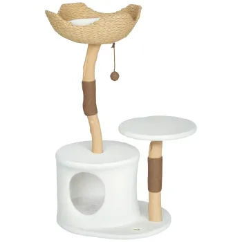 PawHut Copac pentru pisici turn de joaca cu zgarietori platforma pat nisa perna moale lavabila, 55 x 45 x 102 cm alb | Aosom Romania imagine