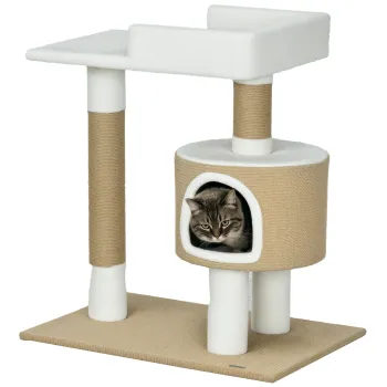 PawHut Copac zgariat Copac de pisici cu casa de pisici, 1 casa de pisici, 1 pat, 70 cm x 49 cm x 79 cm, Natur + Alb | Aosom Romania imagine