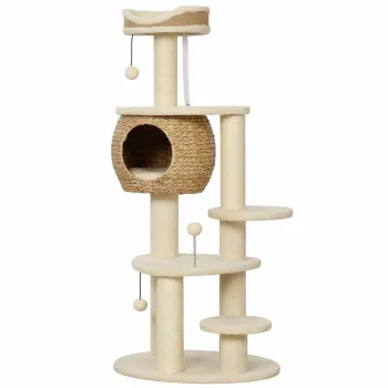 PawHut Copac zgariat mare 132 cm inaltime cu cuib din papura, stalpi de zgariat, pat, 3 mingi de joaca, centura anti-rasturnare, 1-2 pisici pana la 6 kg | Aosom Romania imagine