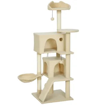 PawHut Copac zgariat pentru pisici 140 cm cu hamac, 2 cuiburi si stalpi din sisal -- bej | Aosom Romania imagine