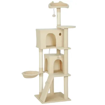 PawHut Copac zgarietura pentru pisici 160 cm cu 2 casute, hamac si stalpi sisal -- Bej | Aosom Romania imagine