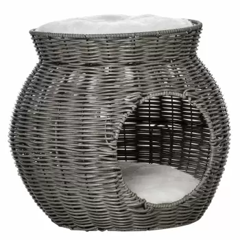 PawHut Cos pentru Pisici din rattan PE cu 2 Niveluri pentru zgariat, Casuta si Cos pentru Pisici cu Perne de Plus Lavabile, ?50x43.5cm - Gri Inchis  imagine