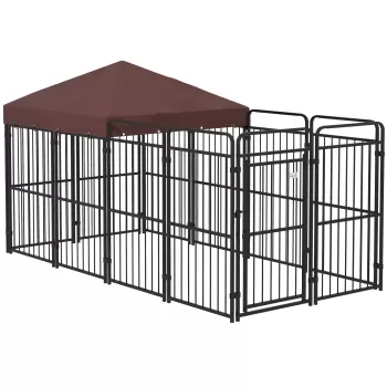 PawHut Cotet de Exterior pentru Caini, Tarc cu Copertina Impermeabila, Zona Extinsa pentru Caini de Talie Medie si Mare, 282x141x159cm Maro imagine