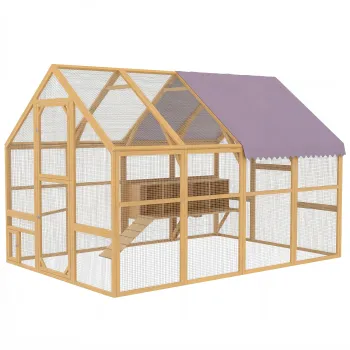 PawHut Cotet din lemn cu curte, incuietoare de siguranta, usa, 4 cuiburi, pentru 8-12 gaini, cca. 2,8 x 1,8 x 1,9 m, Galben | Aosom Romania imagine