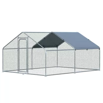 PawHut cotet Mare pentru Gaini din Metal Galvanizat, Incinta cu 2 Camere, Casuta pentru Pasari de Curte cu Copertina Rezistenta la UV si Apa pentru Curtea Exterioara, 9.8' x 13,1' x 6,4' imagine