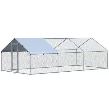 PawHut Cotet Mare pentru Gaini din Metal Galvanizat, Incinta cu 3 Camere, Casuta pentru Pasari de Curte cu Copertina Rezistenta la UV si Apa pentru Curtea Exterioara, 10' x 19,7' x 6,4' imagine