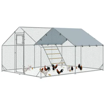 PawHut Cotet pentru Gaini cu Acoperis Impermeabil si Rezistent la UV, Hranitor si Usa, 300x400x195 cm, Argintiu | Aosom Romania imagine