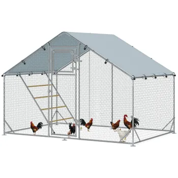 PawHut Cotet pentru Gaini cu Copertina Impermeabila si Rezistenta la UV, 300x200x195 cm, Argintiu | Aosom Romania imagine