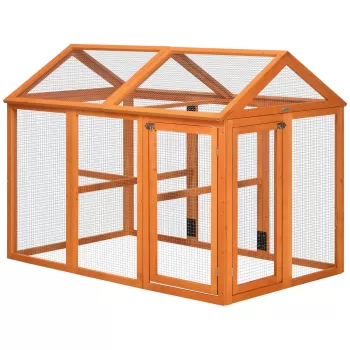 PawHut Cotet Prefabricat din Lemn, Cotet pentru Gaini cu Usi Multiple si Plasa metalica, 140x88.5x106cm, Portocaliu imagine