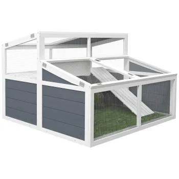 PawHut Cusca casa pentru animal mic de testoasa cu 2 spatii acoperis din policarbonat 3 usi rampa 115 x 115 x 82 cm gri | Aosom Romania imagine