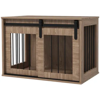 PawHut Cusca cuseta pentru caini animale interioare usa glisanta, otel efect lemn, dim. 57H x 80L x 54l cm | Aosom Romania imagine